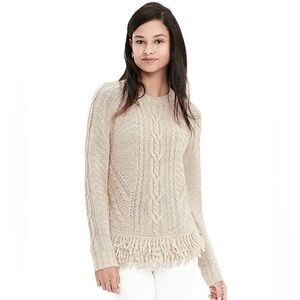 Banana Republic Women's Wool/Alpaca Blend Cable Knit Fringe Sweater Cream Sz XS